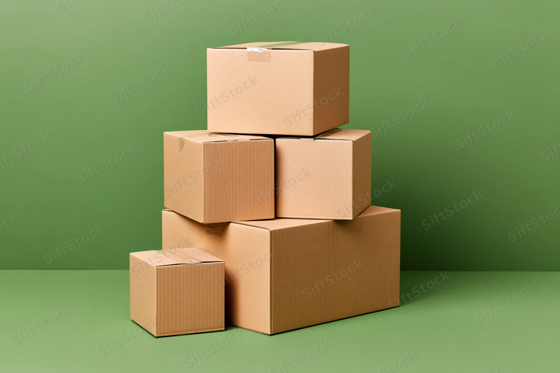 Stack of closed cardboard shipping boxes piled in varying sizes against green background