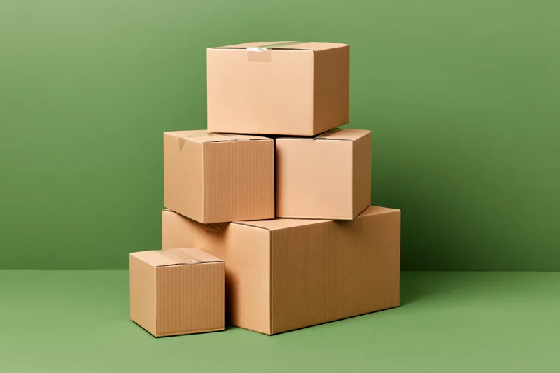 Stack of closed cardboard shipping boxes piled in varying sizes against green background