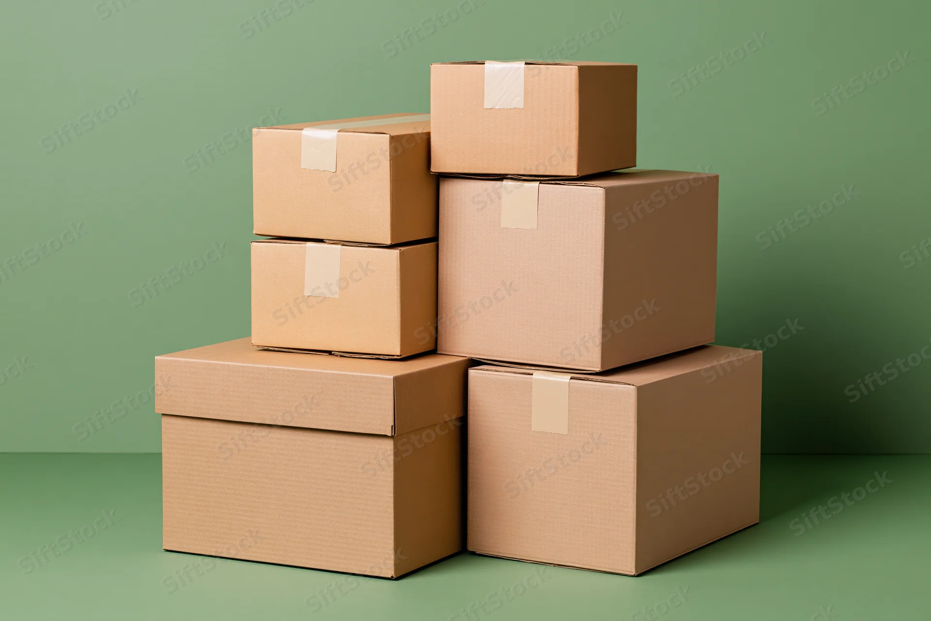 Stack of closed cardboard shipping boxes piled in varying sizes against a green background