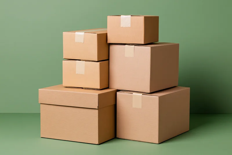 Stack of closed cardboard shipping boxes piled in varying sizes against a green background
