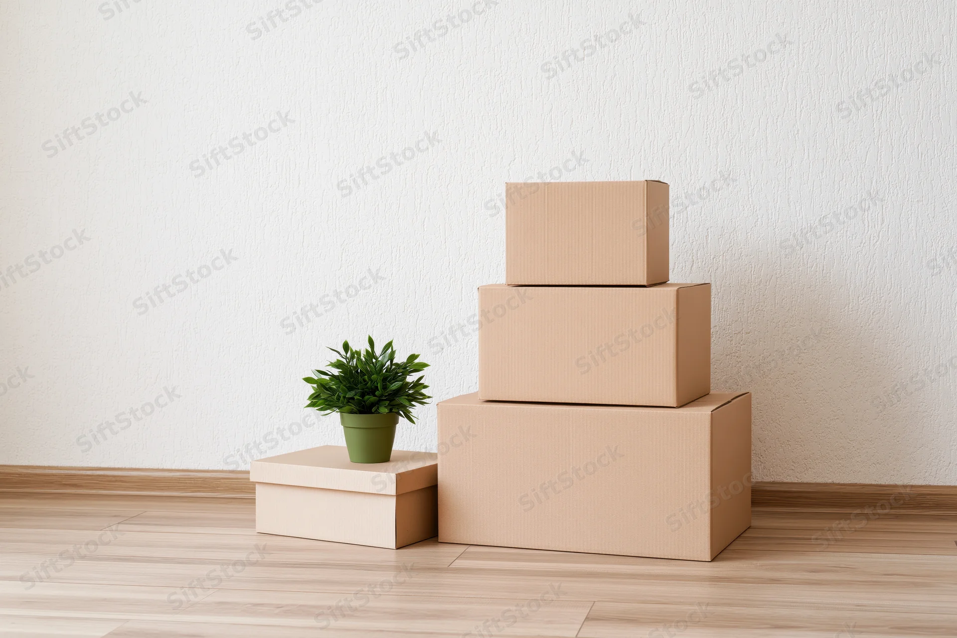 Stack of three cardboard moving boxes of varying sizes arranged against a white wall with a potted plant on a smaller box beside them on a wooden floor