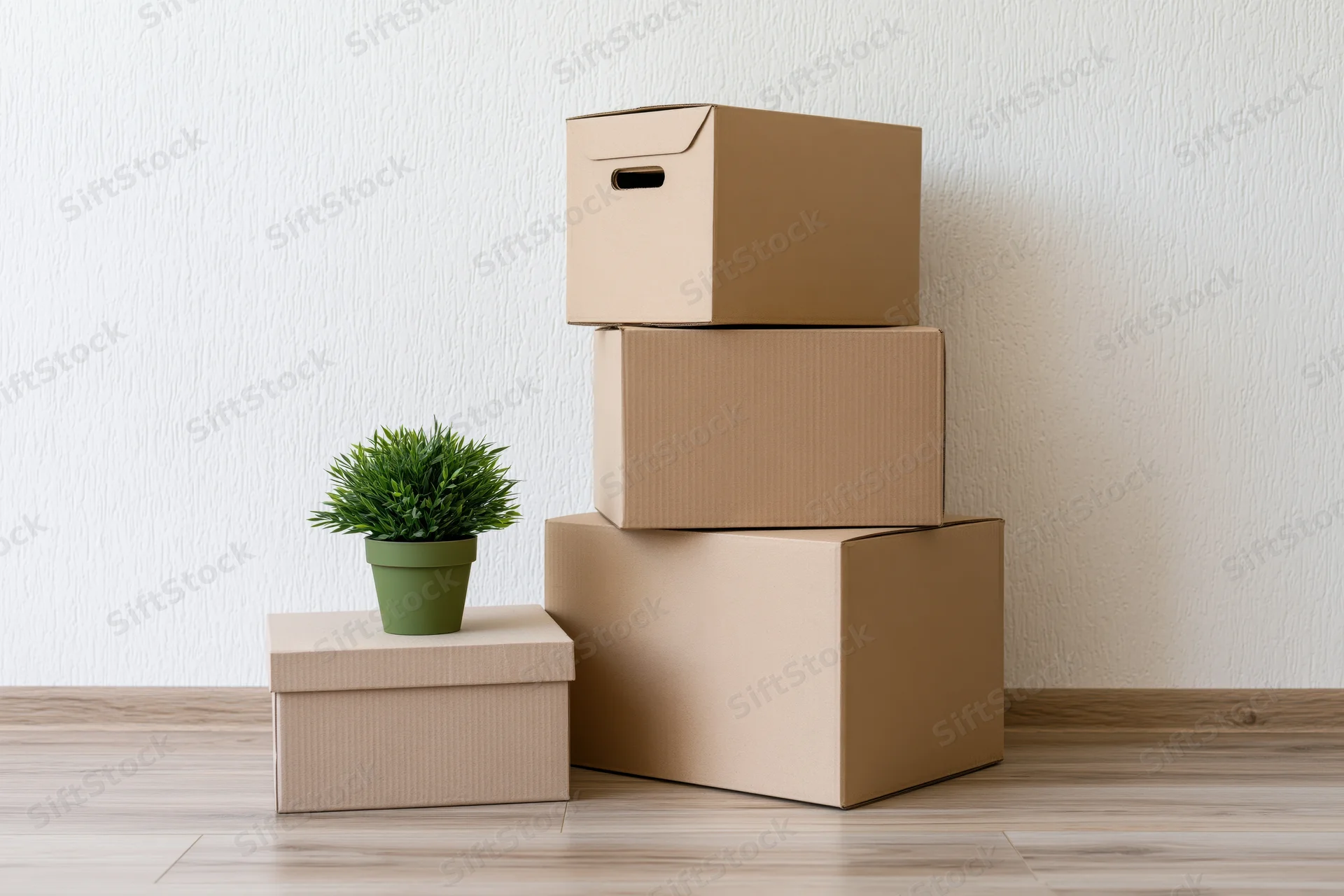 Stack of cardboard moving boxes with a potted plant on a wooden floor against a white wall