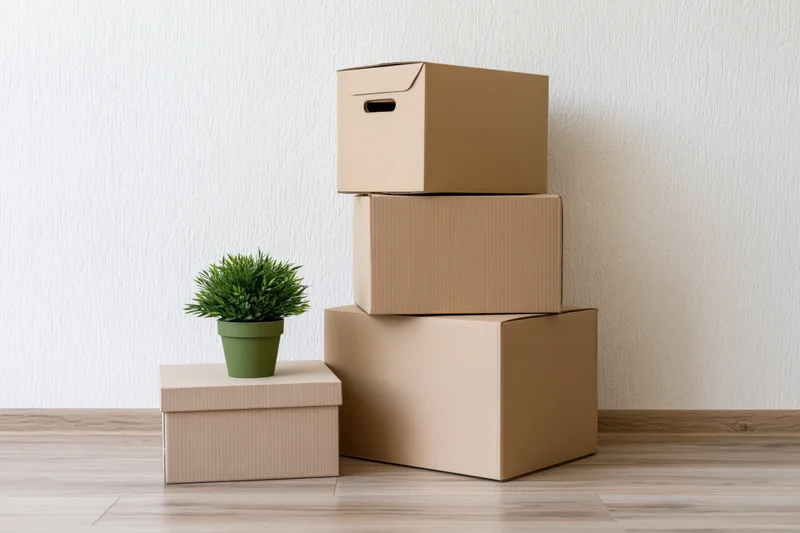 Stack of cardboard moving boxes with a potted plant on a wooden floor against a white wall