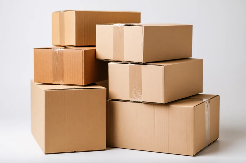 Stack of sealed cardboard boxes piled together on white background