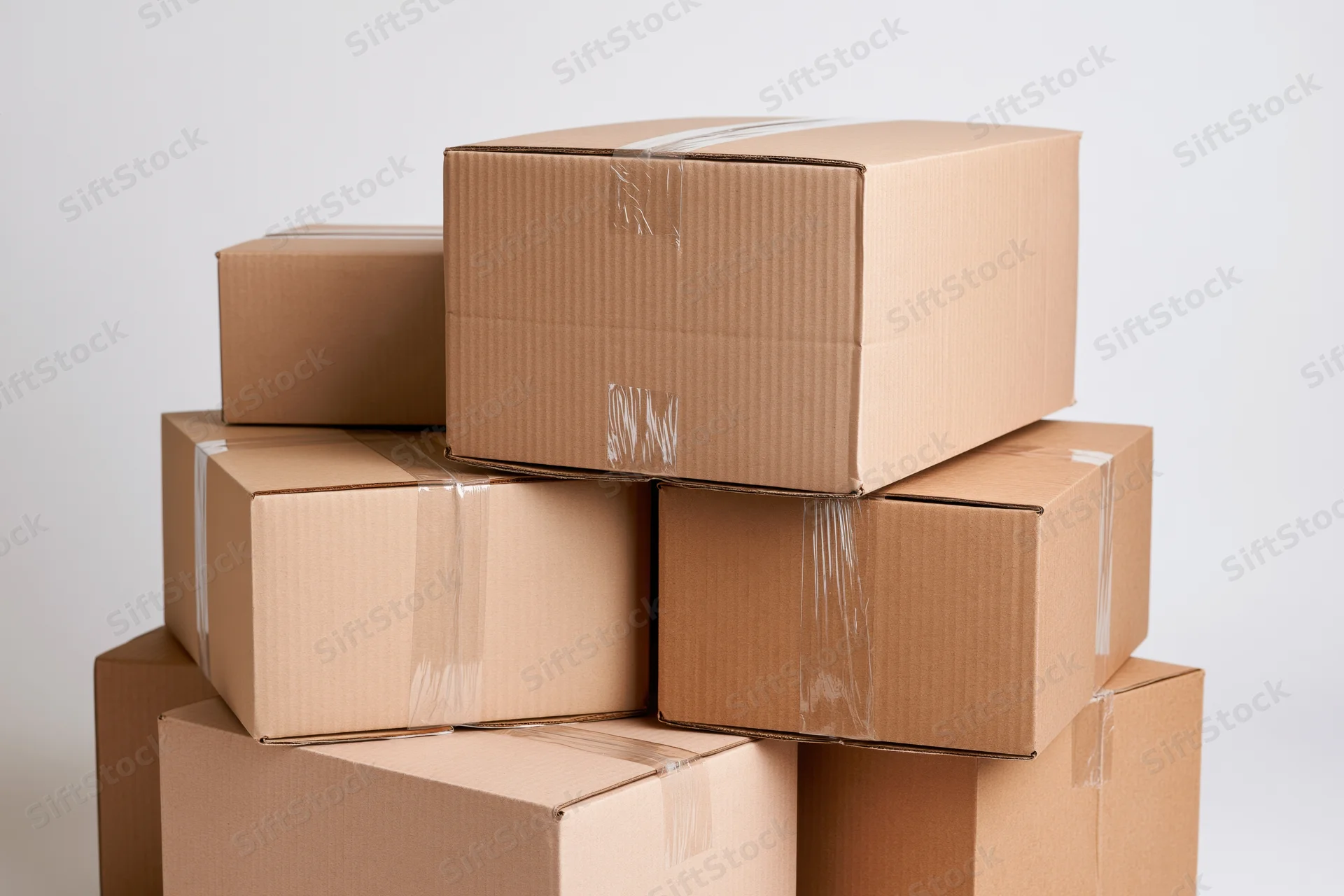Stack of sealed cardboard boxes piled together on plain background