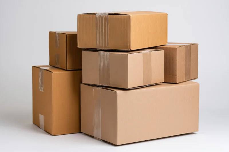 Stack of various-sized sealed cardboard boxes piled together on white background