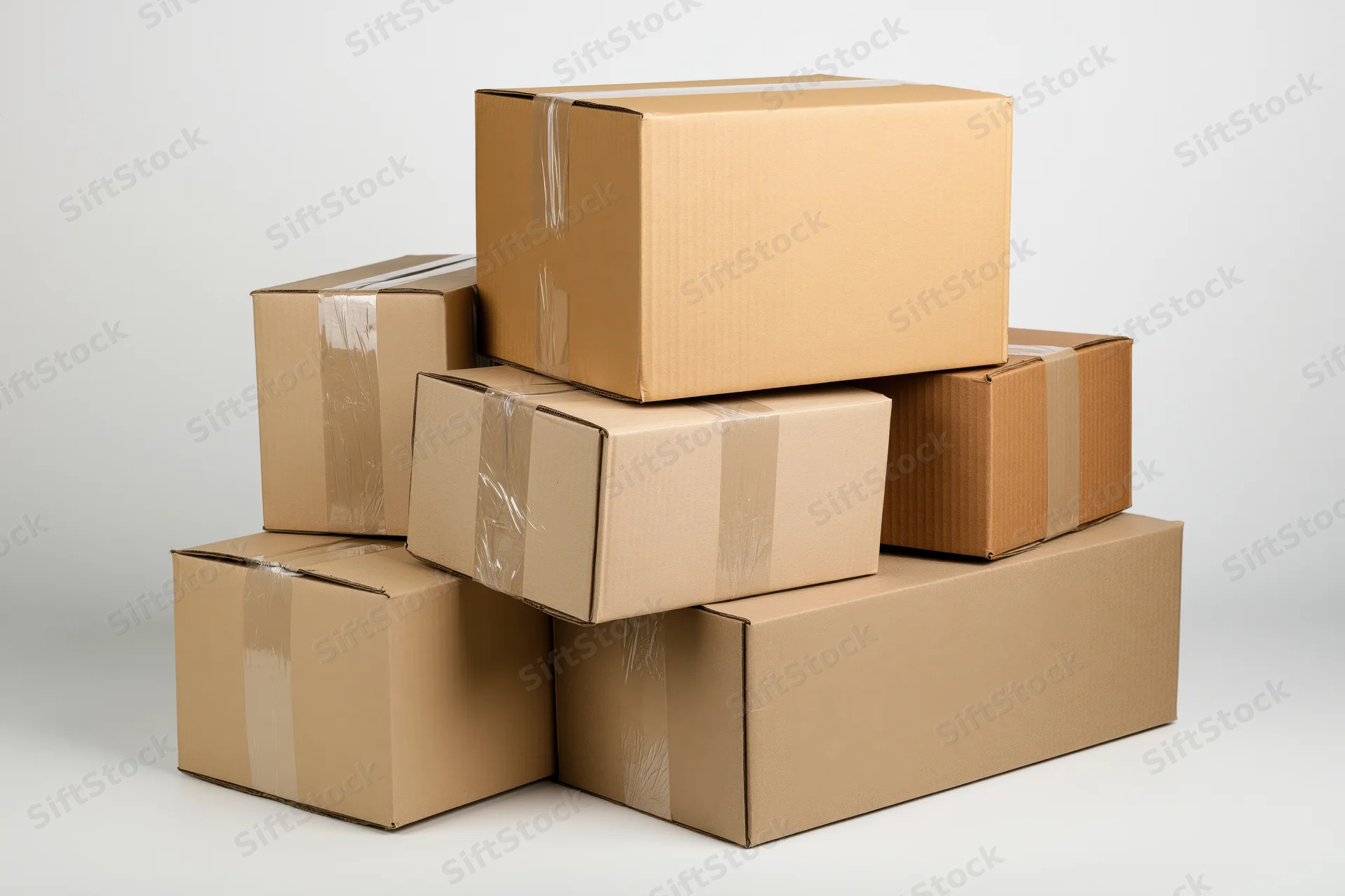 Stack of sealed cardboard boxes piled together on white background