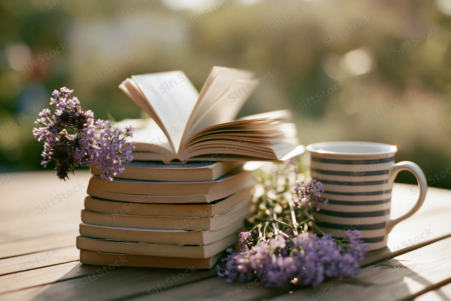 Stack of worn paperback books with open book and purple flowers on wooden table outdoors in sunlight