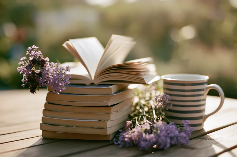 Stack of worn paperback books with open book and purple flowers on wooden table outdoors in sunlight