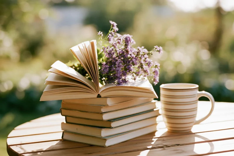 Stack of worn paperback books with open top book and purple flowers on wooden table outdoors in sunlight