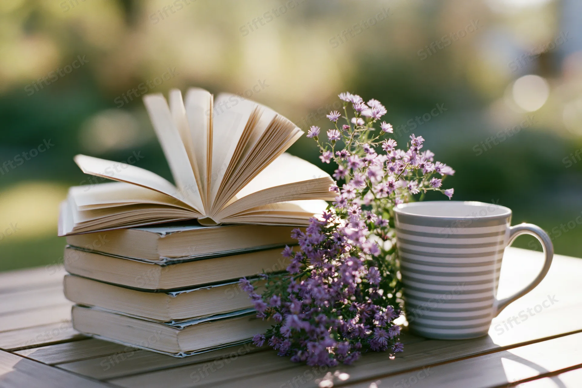 Stack of open paperback books with purple flowers and striped mug on wooden table outdoors