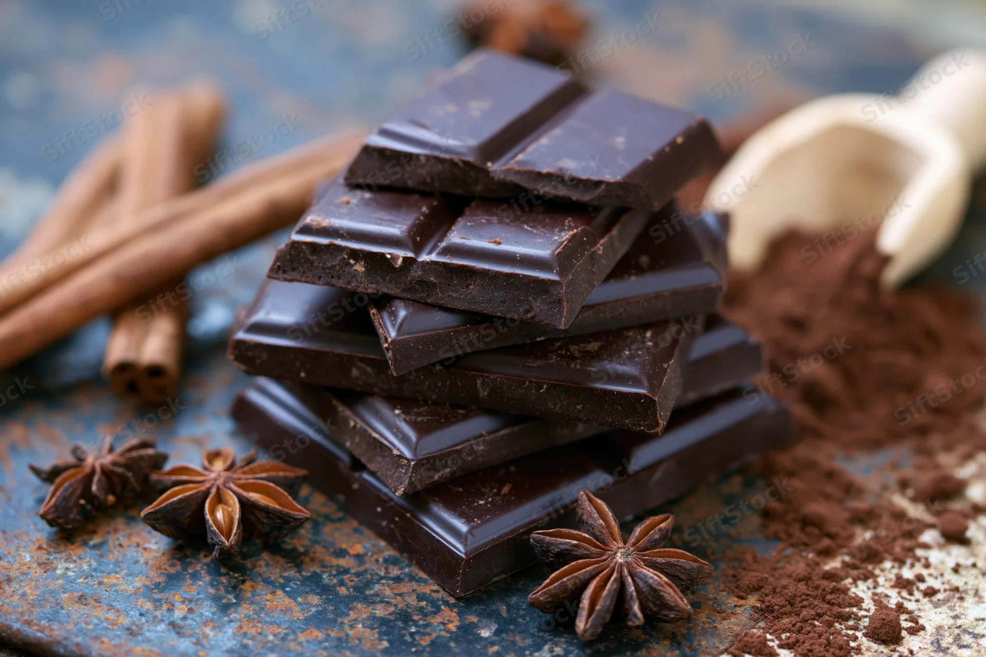 Broken dark chocolate bar pieces stacked on a rusty blue surface with cinnamon sticks and star anise
