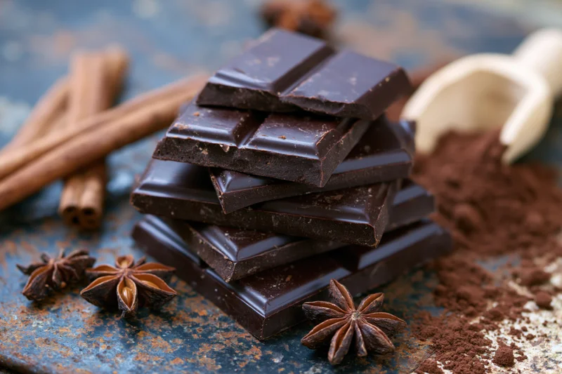 Broken dark chocolate bar pieces stacked on a rusty blue surface with cinnamon sticks and star anise