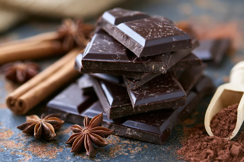 Broken dark chocolate pieces stacked on a rustic surface with cinnamon sticks and star anise nearby
