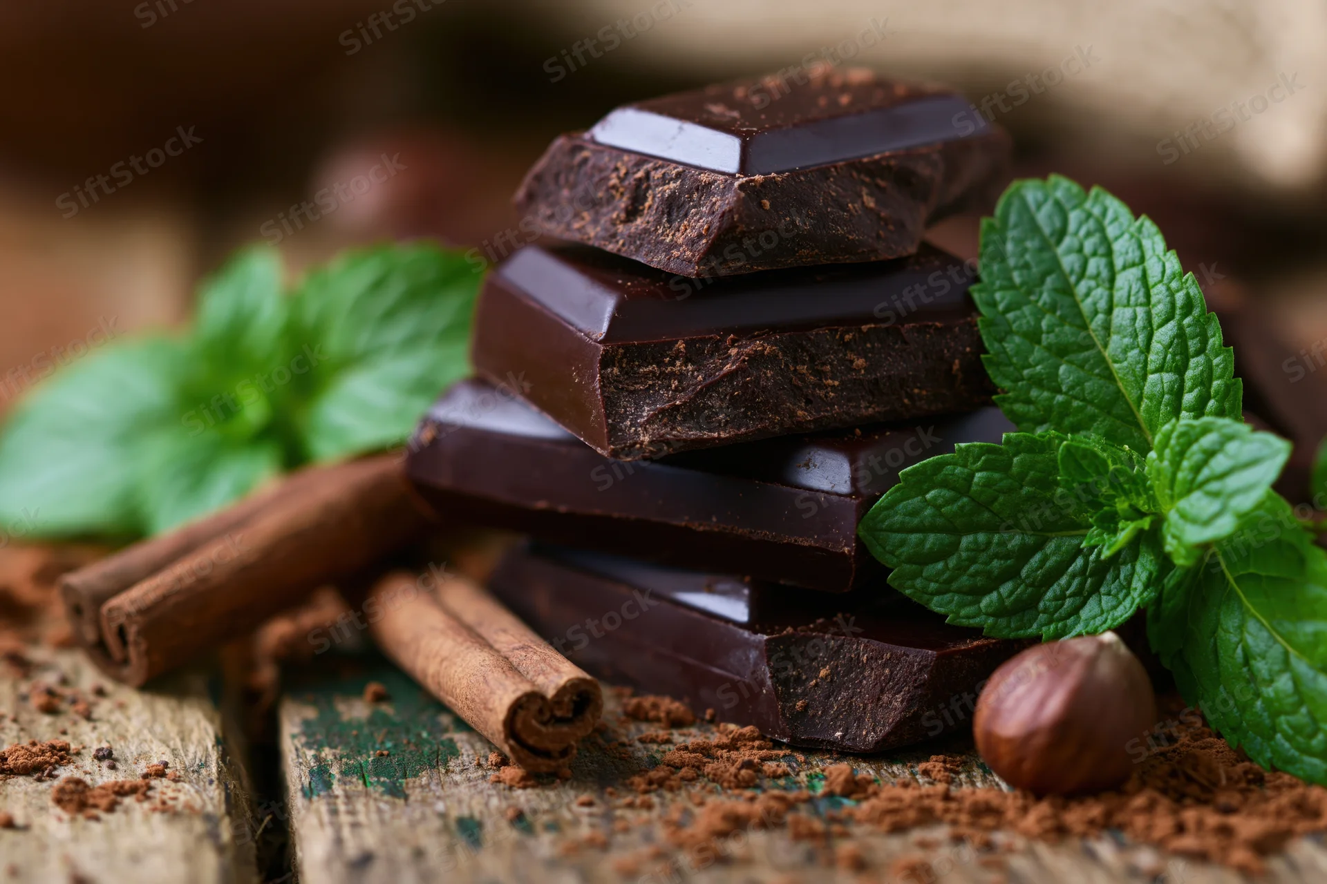 Stacked dark chocolate pieces with fresh mint and cinnamon sticks on a rustic wooden surface