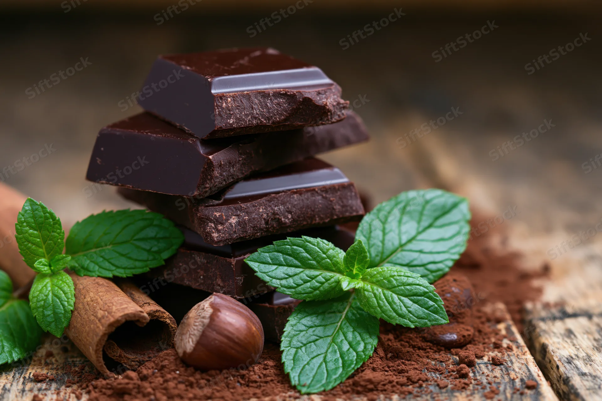 Stacked dark chocolate chunks with fresh mint leaves, cinnamon bark, and hazelnut on a rustic wooden surface