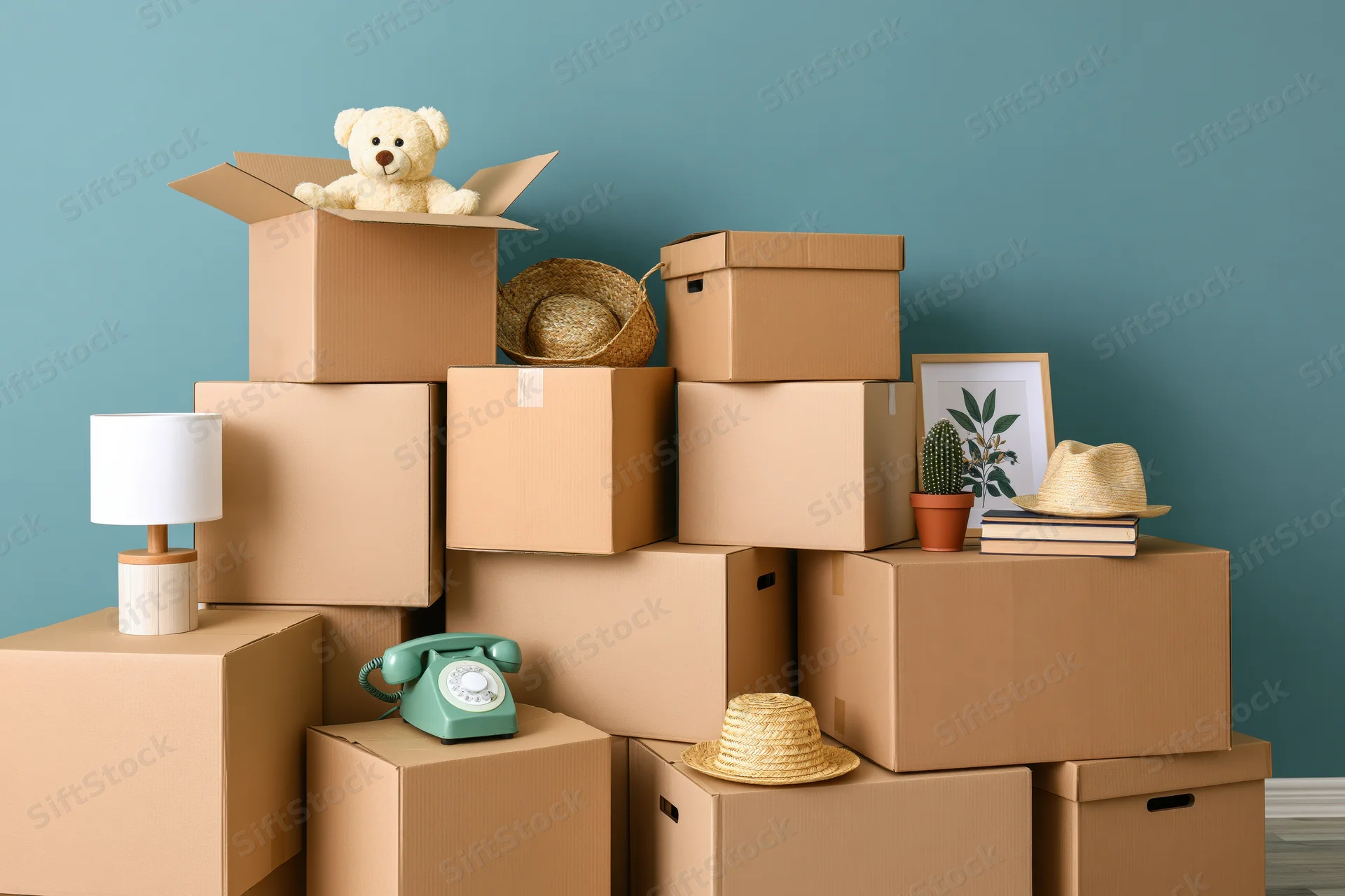 Stacks of cardboard moving boxes with household items arranged against a blue wall