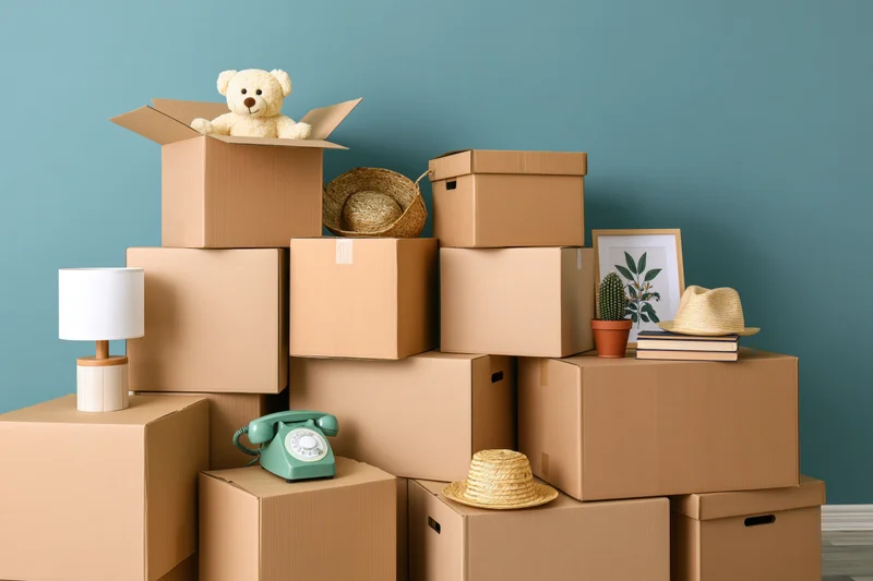 Stacks of cardboard moving boxes with household items arranged against a blue wall