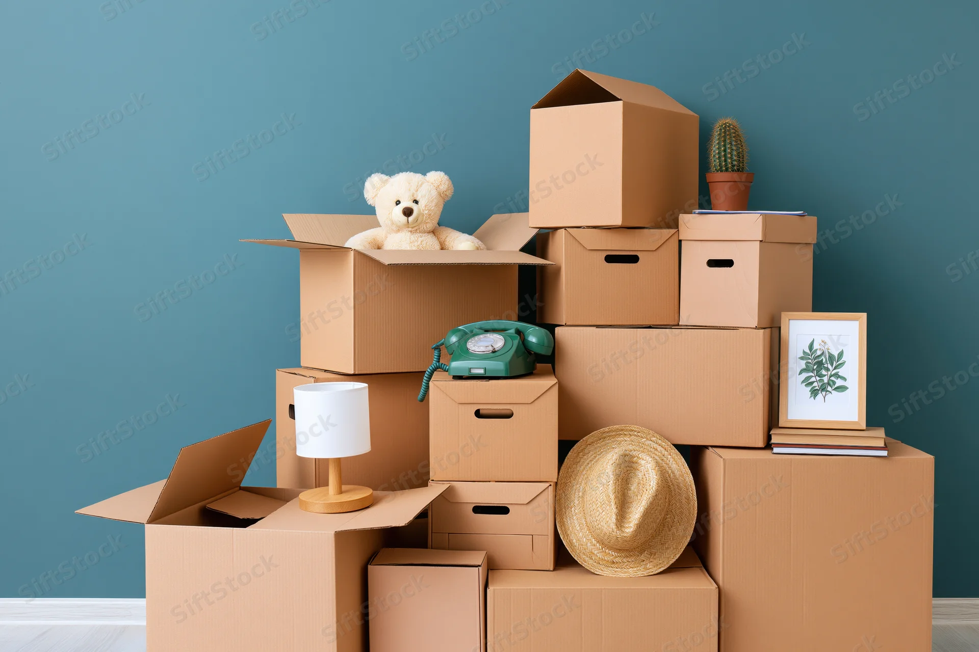 Stacks of cardboard moving boxes with household items arranged against a blue wall in a living space