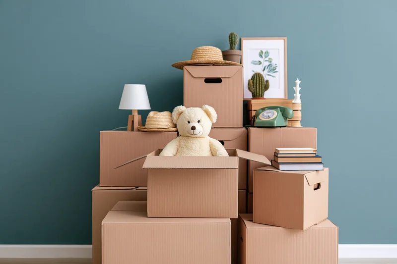Stacks of cardboard moving boxes arranged against a blue wall with household items and decor inside