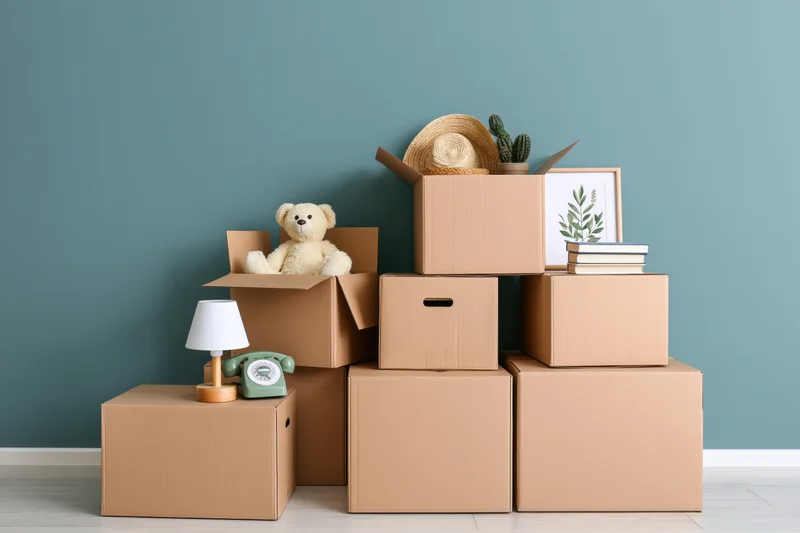 Stacks of cardboard moving boxes with household items arranged against a blue wall in a room