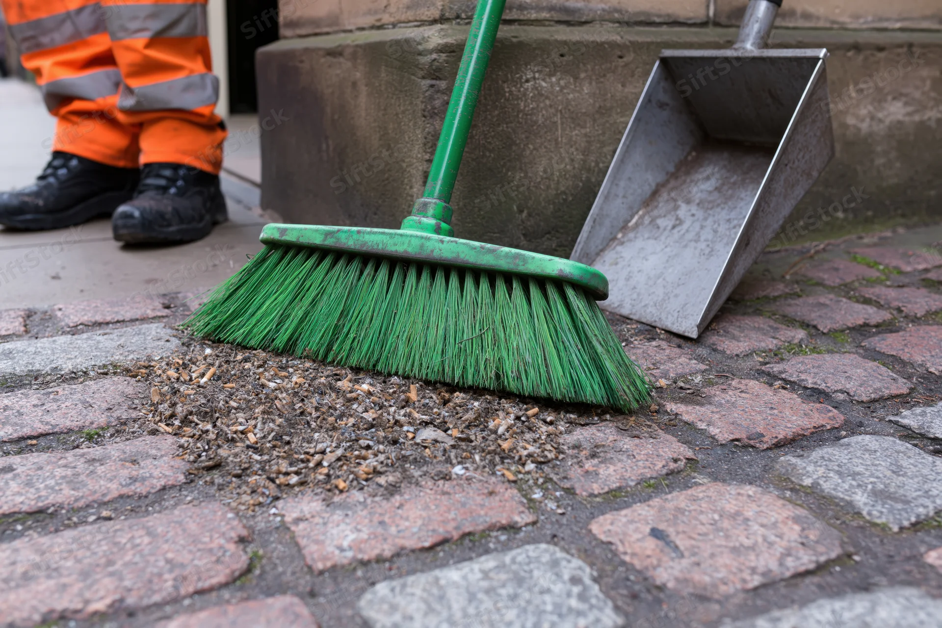 Street cleaner sweeping cigarette butts and small litter into a dustpan on a cobblestone sidewalk