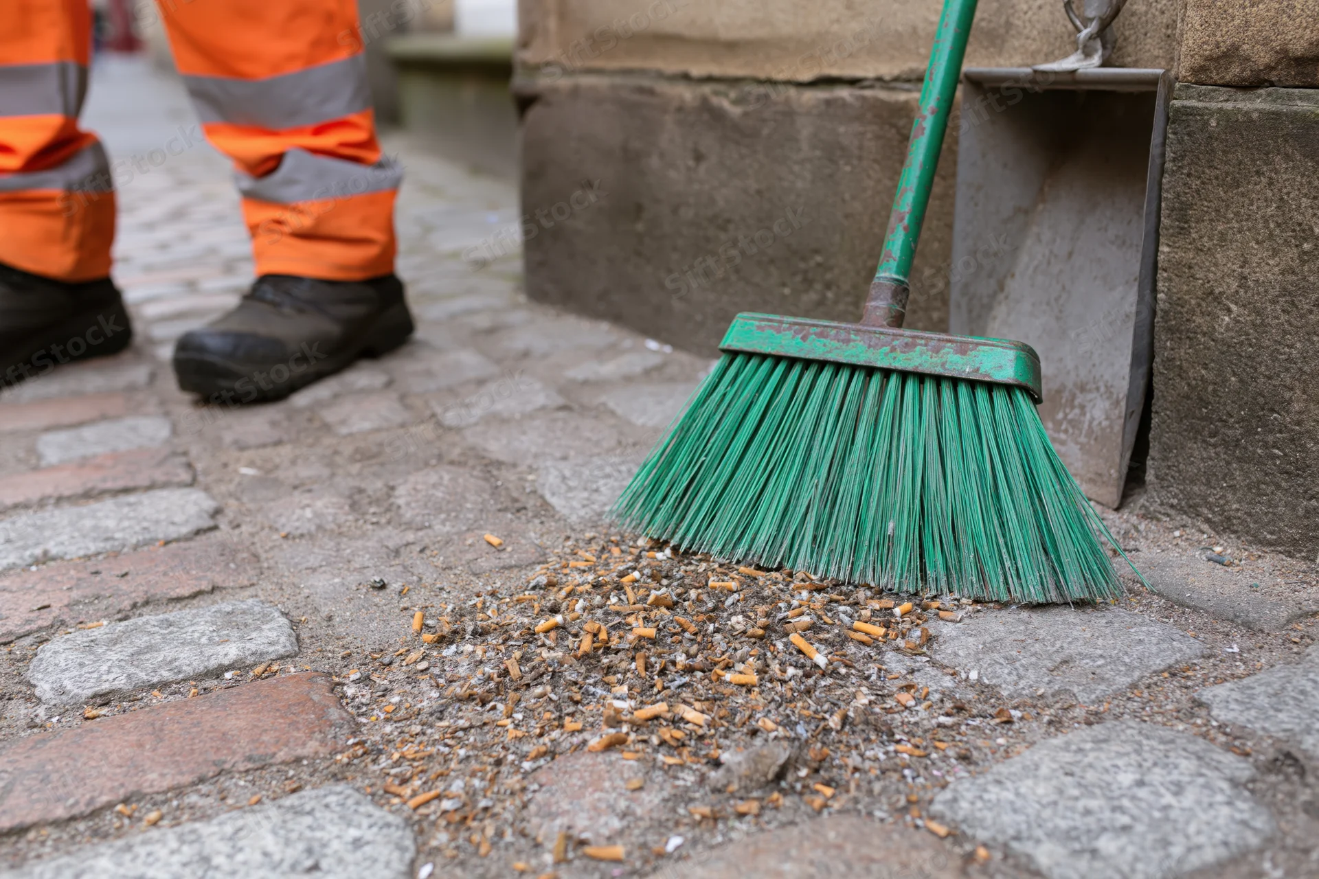 Street cleaner sweeping cigarette butts and small litter into a pile on a cobblestone sidewalk