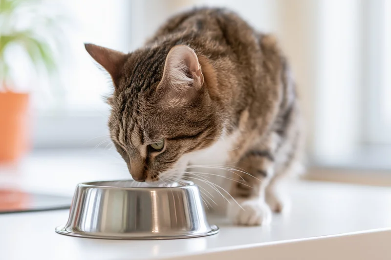 Tabby cat eating from a stainless steel bowl on a white kitchen countertop