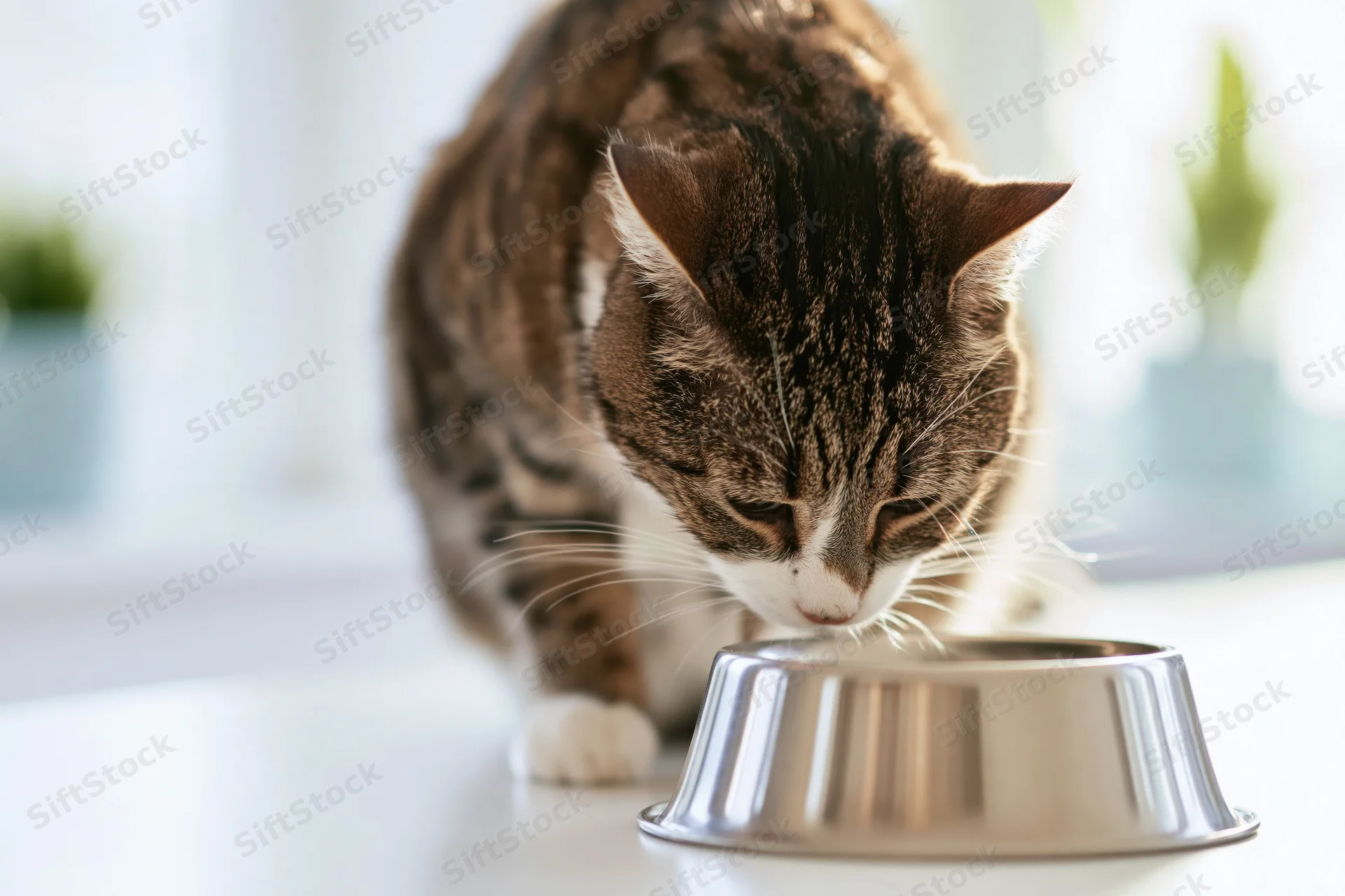 Tabby cat eating from a stainless steel bowl on a white kitchen countertop
