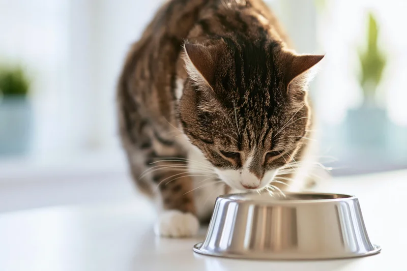 Tabby cat eating from a stainless steel bowl on a white kitchen countertop