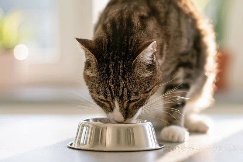 Tabby cat eating from a stainless steel bowl on a white kitchen floor