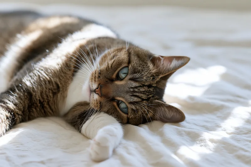 Tabby cat lying on its side on a soft linen bedsheet with sunlight filtering through