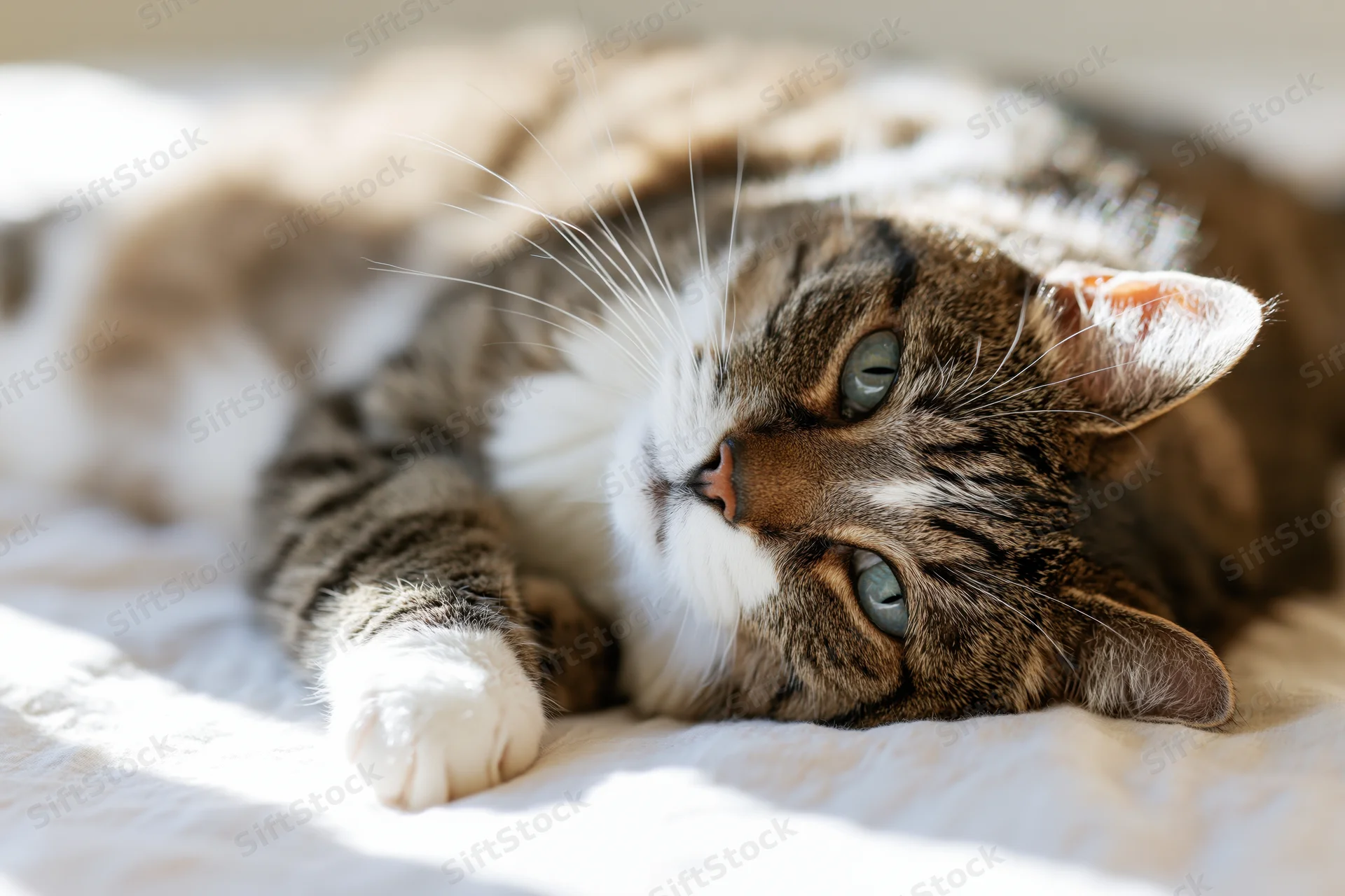 Tabby cat lying on its side on a soft linen bedsheet in sunlight