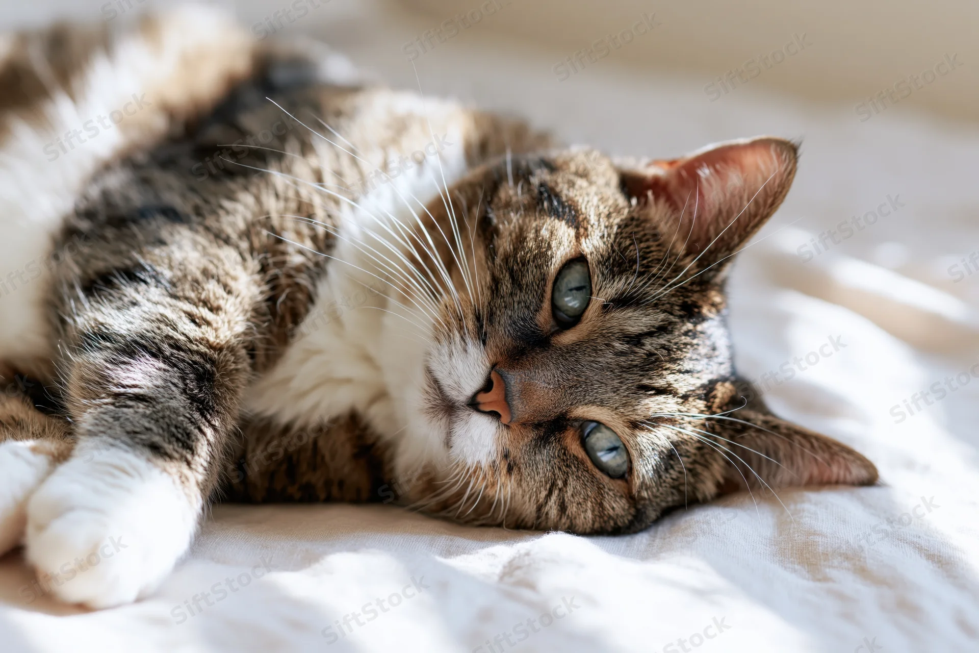 Tabby cat lying on its side on a soft linen bedsheet with head resting and eyes open