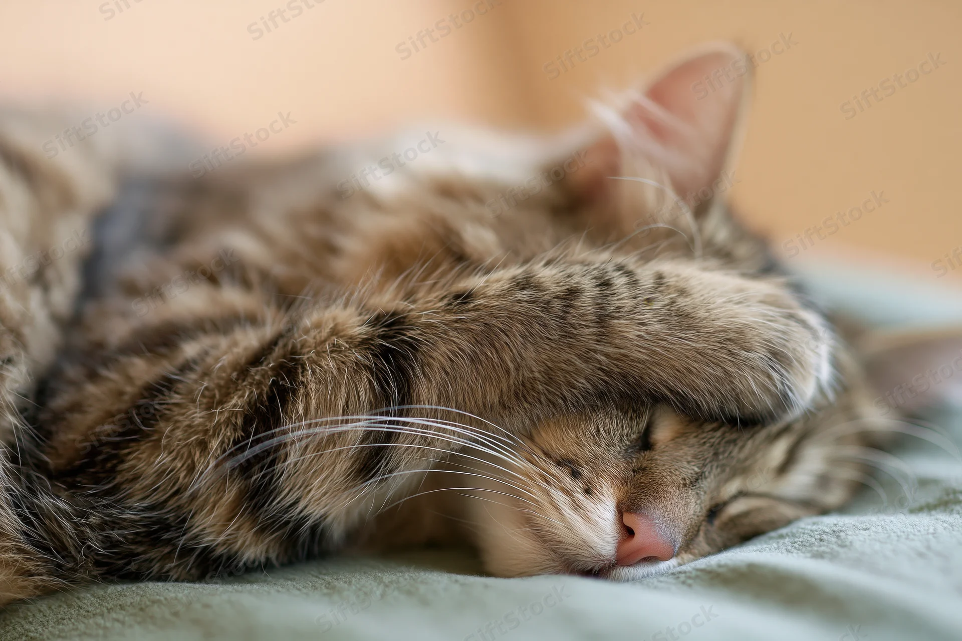 Tabby cat sleeping on its side with paw over face on soft blanket
