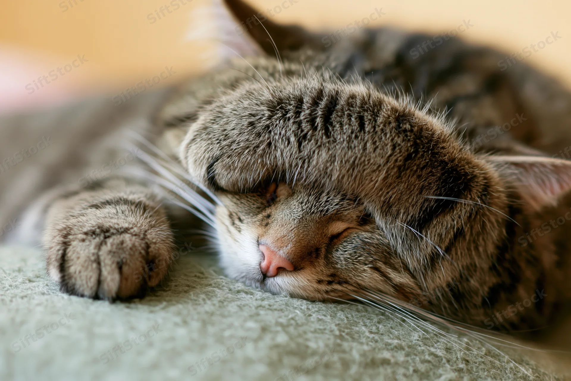 Tabby cat sleeping on its side with paw over face on soft blanket