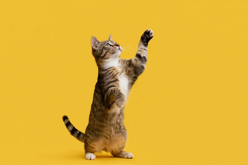 Tabby cat standing on hind legs reaching upward with one paw against yellow background