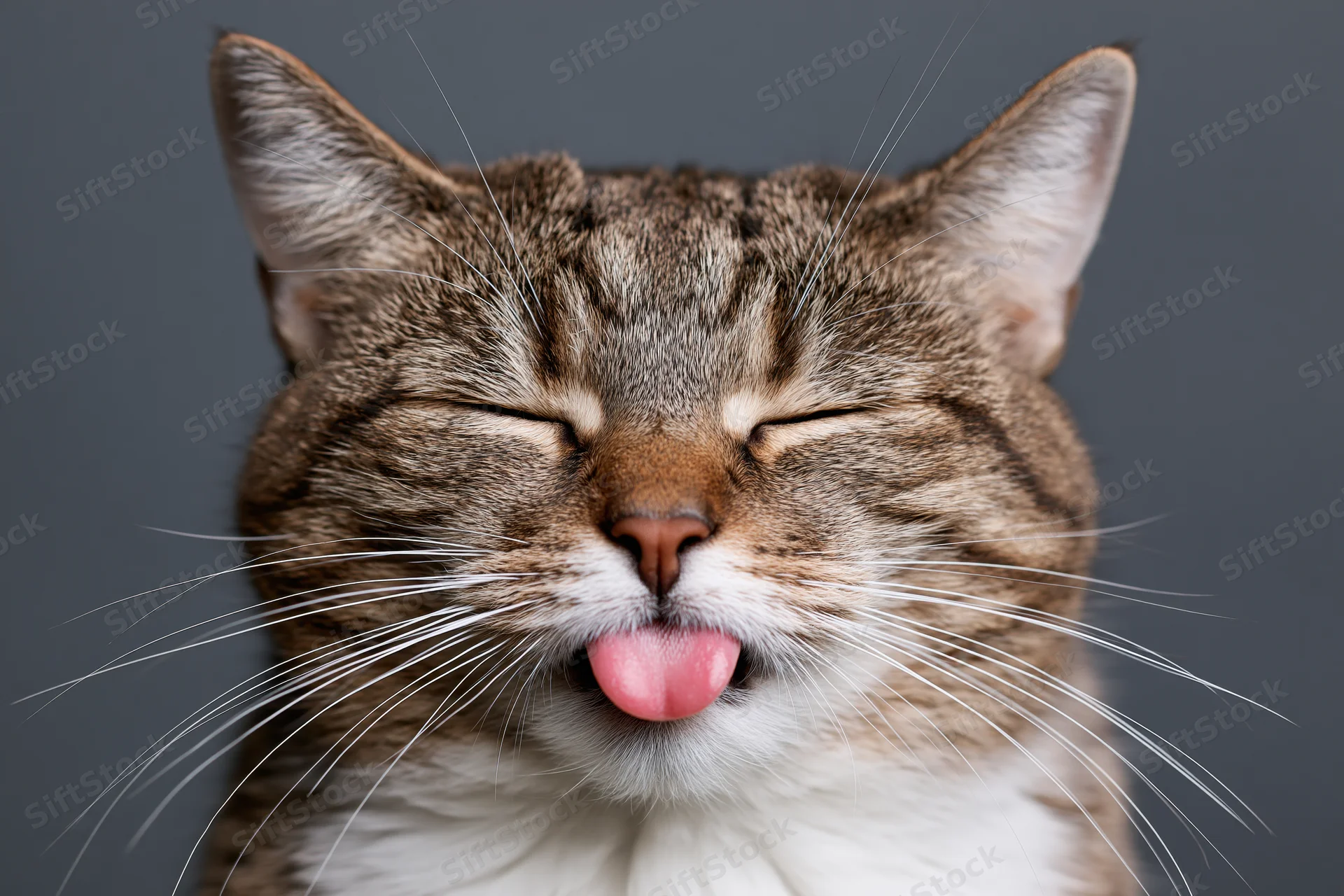 Tabby cat with eyes closed and tongue sticking out in studio portrait