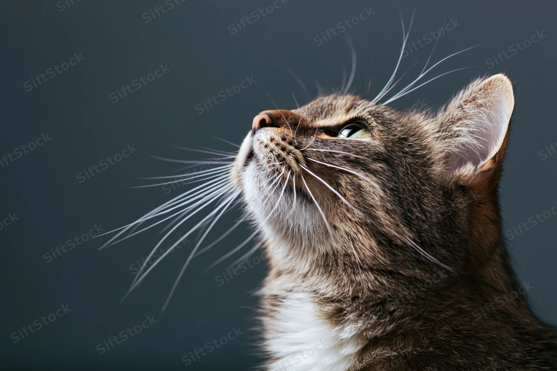 Tabby cat gazing upward with head tilted back against dark background