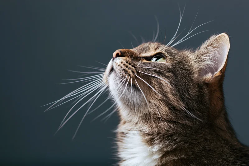 Tabby cat gazing upward with head tilted back against dark background