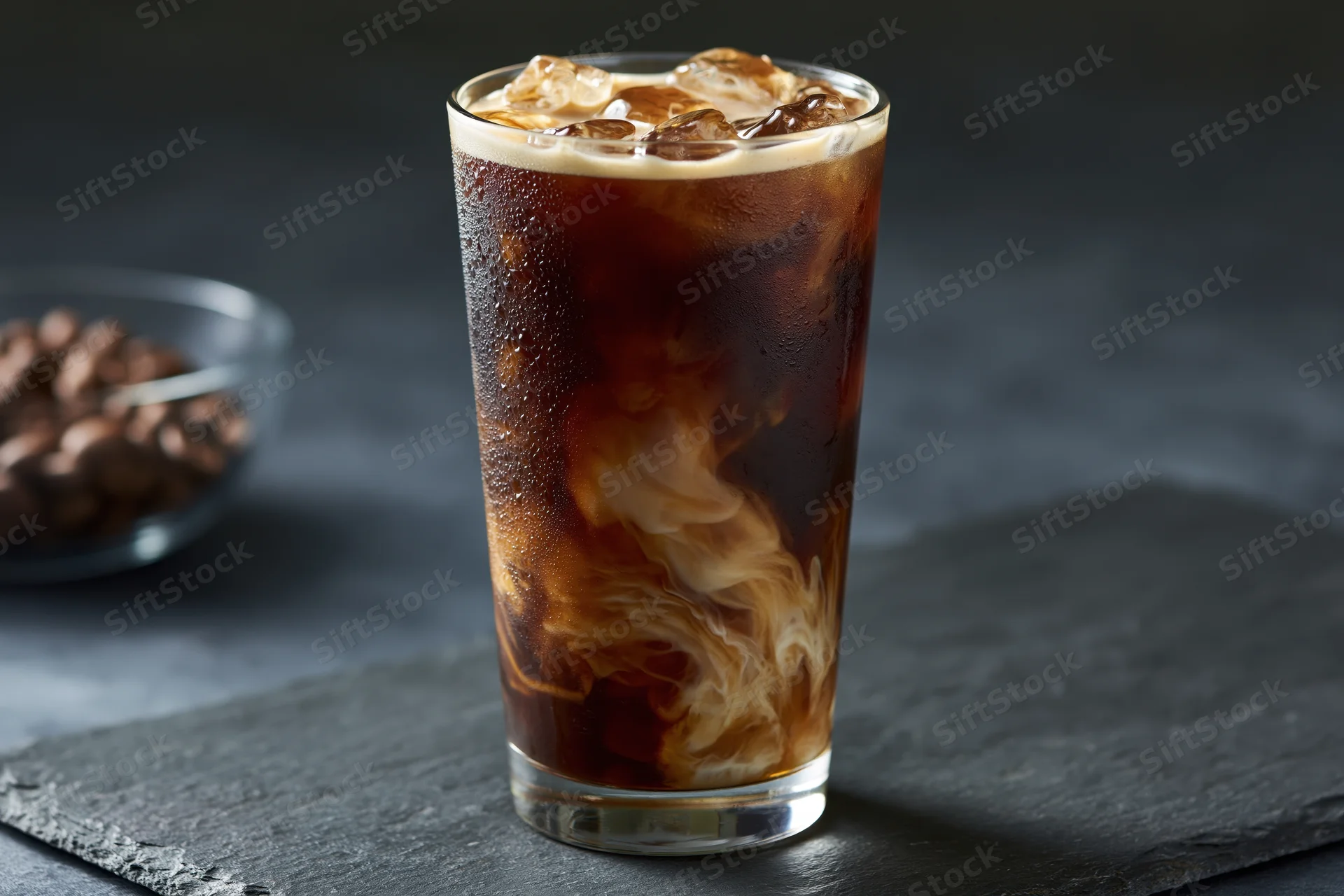 Tall glass of iced coffee with cream swirling through dark liquid on slate surface