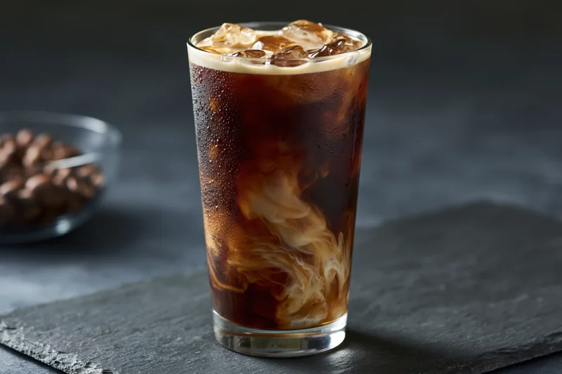 Tall glass of iced coffee with cream swirling through dark liquid on slate surface