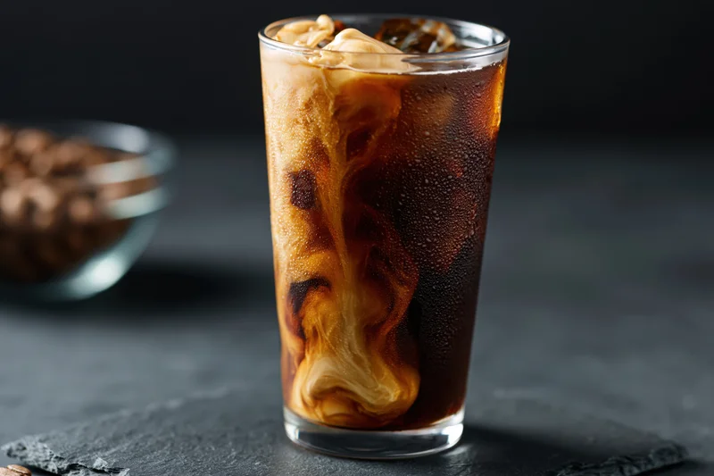 Tall glass of iced coffee with cream swirling through dark liquid on slate surface