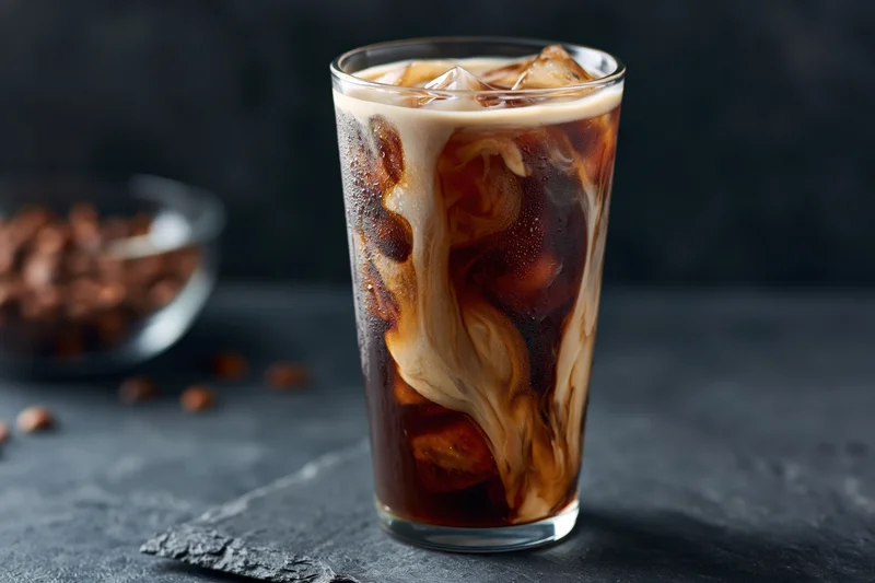 Tall glass of iced coffee with cream swirling through dark liquid on slate surface