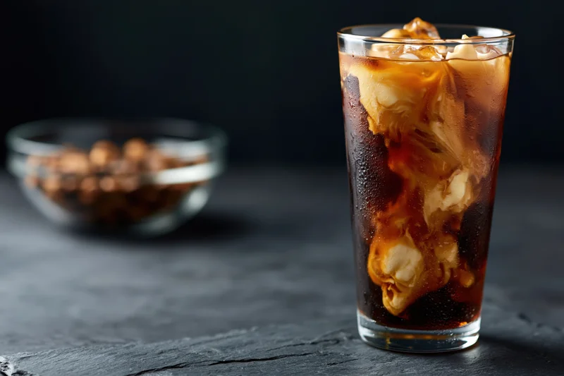 Tall glass of iced coffee with cream swirling through dark liquid on slate surface
