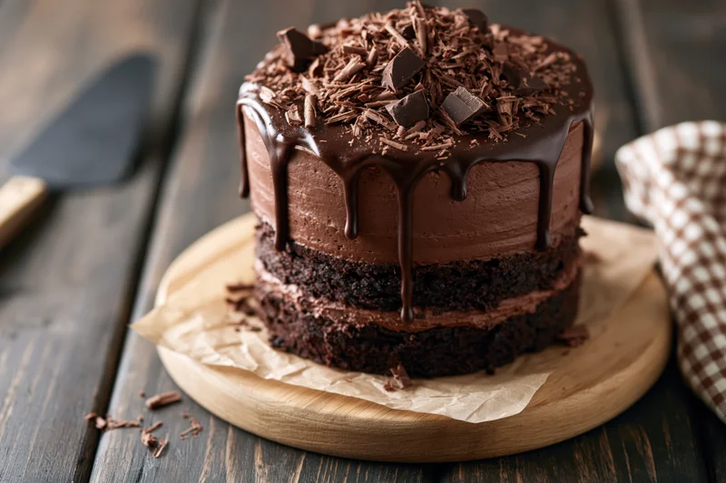Layered chocolate fudge cake with chocolate shavings and dripping glaze on wooden board