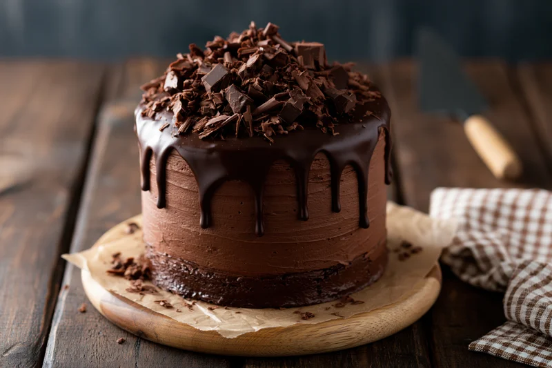 Tall layered chocolate fudge cake topped with chocolate shavings