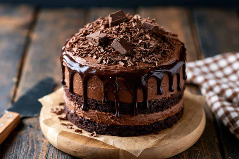 Tall layered chocolate fudge cake with chocolate shavings and dripping ganache on wooden board
