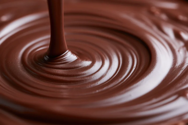 Thick stream of melted dark chocolate pouring into a pool creating ripples and swirls