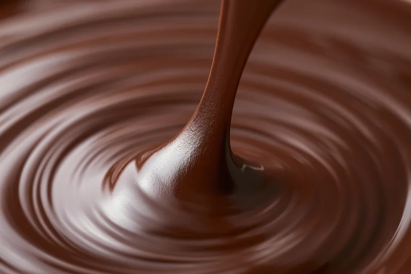 Thick stream of melted dark chocolate pouring into a pool creating ripples and swirls